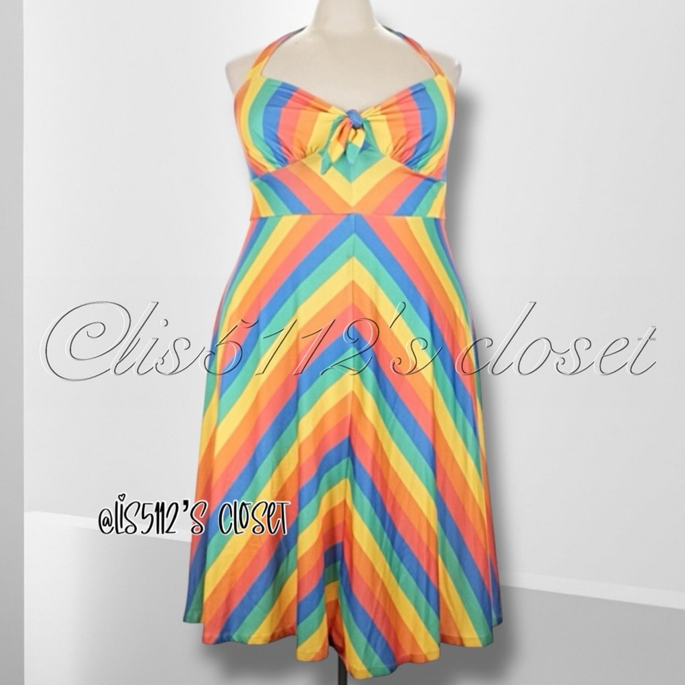 ModCloth Rainbow Chevron Stripe Halter Pinup Swing Dress 2X - Picture 2 of 11